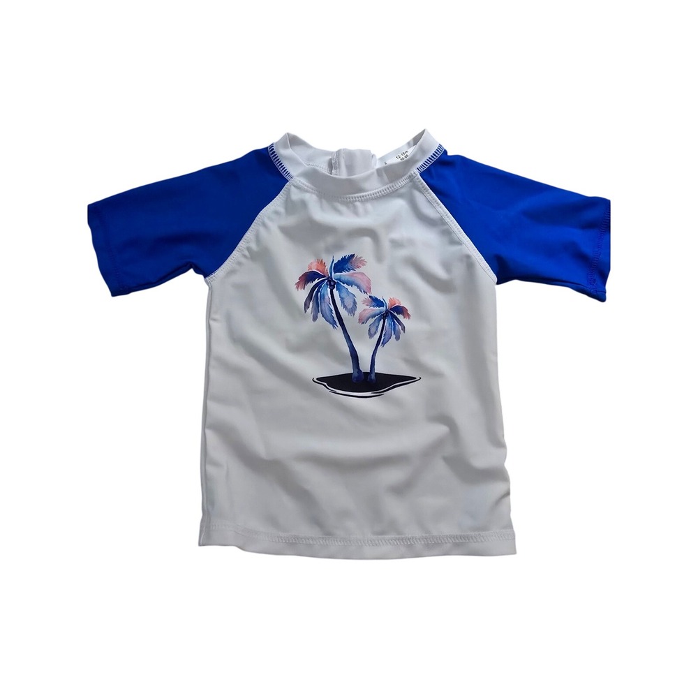 Snapper Rock Boys Rash Guard Blue White Palm Tree Swim Shirt 12-18 Months